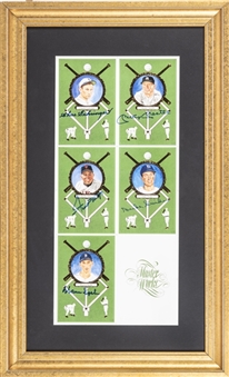 1990 Perez-Steele "Masterworks" Hall of Fame Postcards Five-Card Uncut Sheet – Signed by All Five Players, Including Mantle and Mays! (JSA)